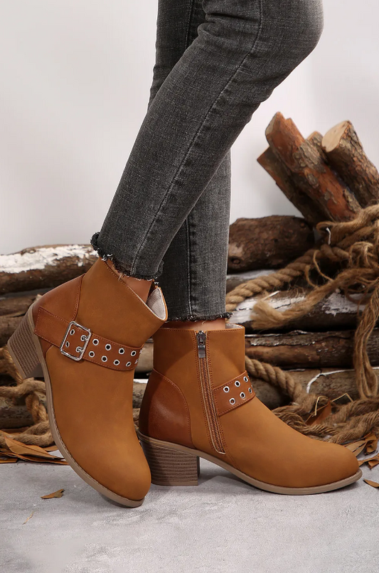 Eyelet Buckled Chunky Heel Faux Leather Ankle Boots