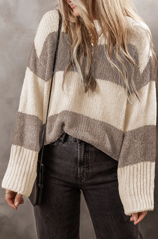 Taupe Colorblock Loose Pullover Sweater