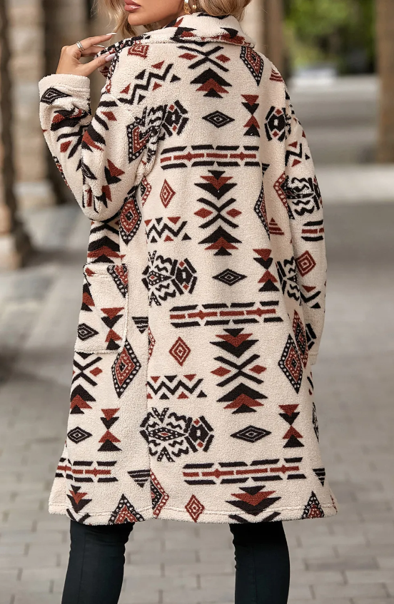 Western Aztec Printed Fleece Buttoned Front Midi Length Coat