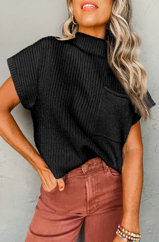 Black Patch Pocket Ribbed Knit Short Sleeve Sweater