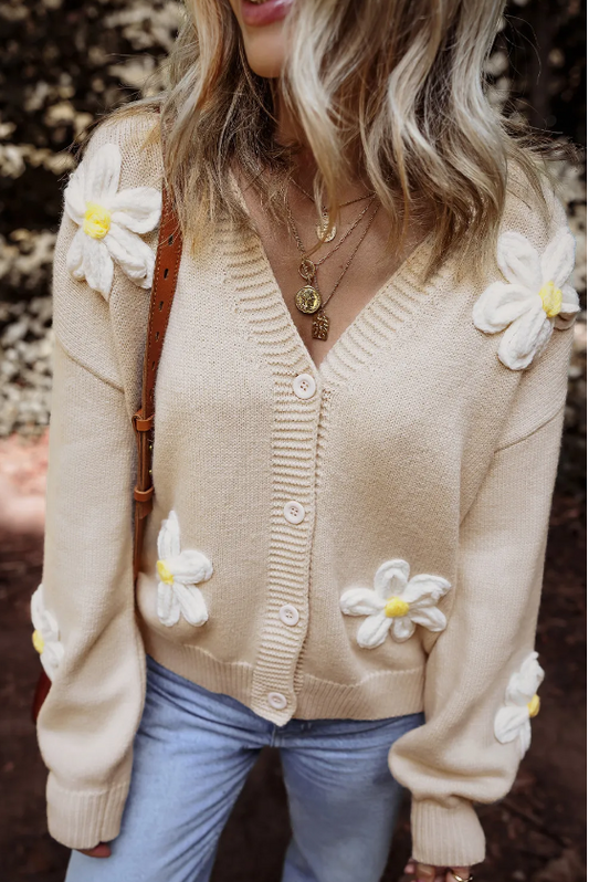 Elegant Flower Decor Button Front Cardigan