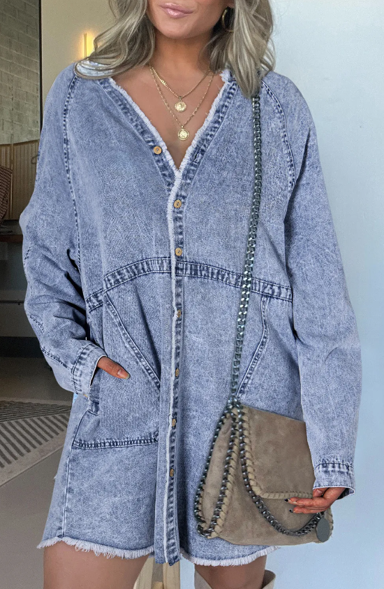 Beau Blue Mineral Wash Long Sleeve Button Up Raw Hem Pocketed Denim Dress