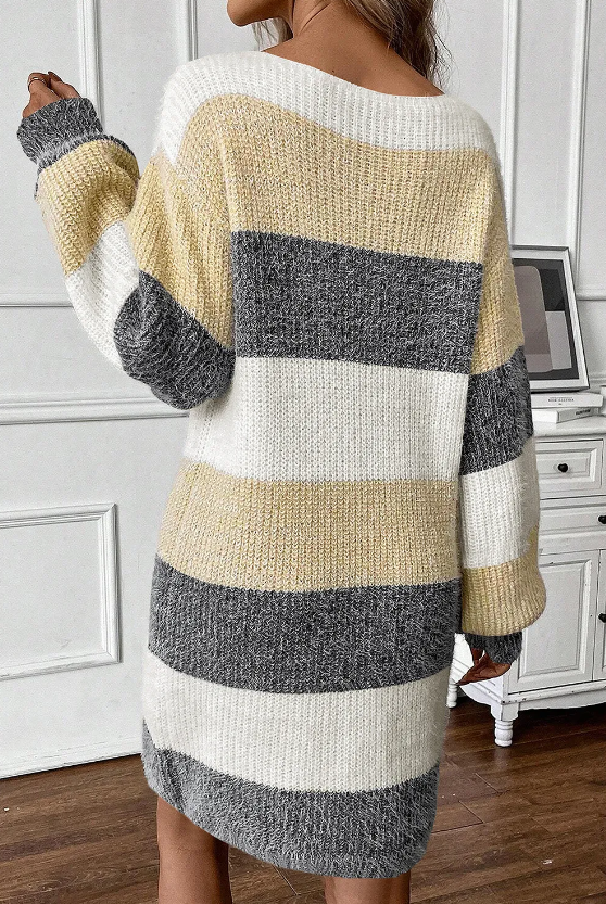 Gray Stripe Colorblock Bubble Sleeve Drop Shoulder Sweater Dress