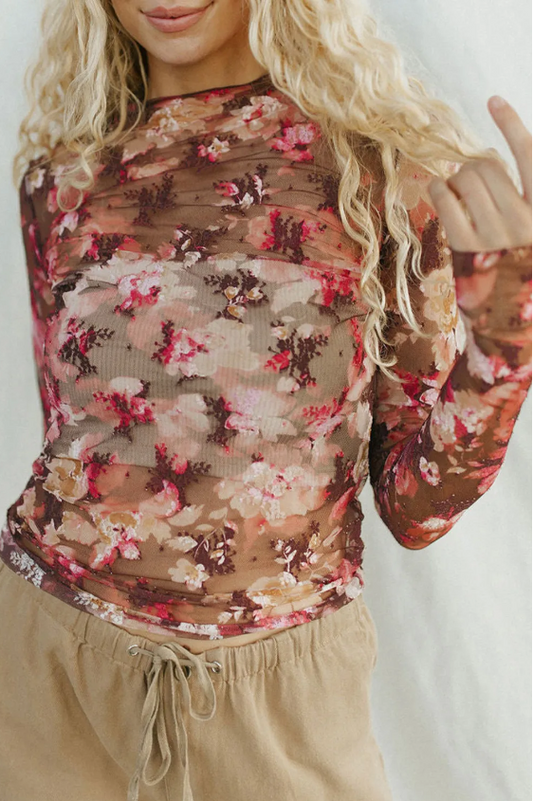 Red Floral Print Sheer Mesh Long Sleeve Top