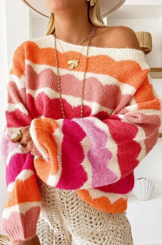 Striped Balloon Sleeve Drop Shoulder Sweater