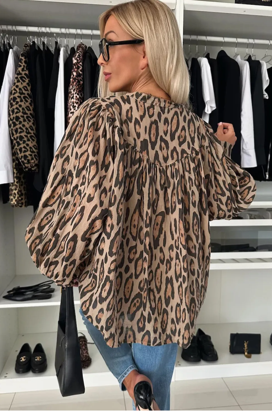 French Beige Oversized Leopard Print Balloon Sleeve Casual Shirt