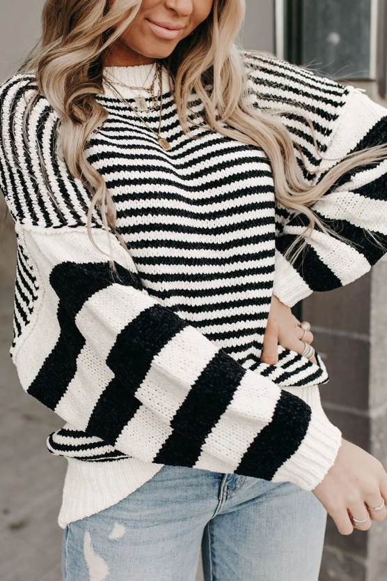 Black white Striped Drop Shoulder Bishop Sleeve Knit Sweater