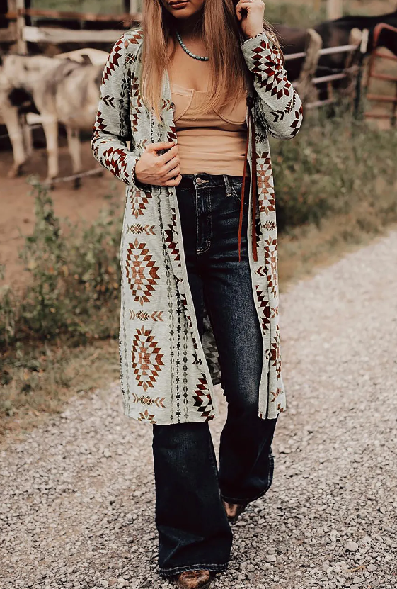 Western Aztec Printed Open Front Long Cardigan