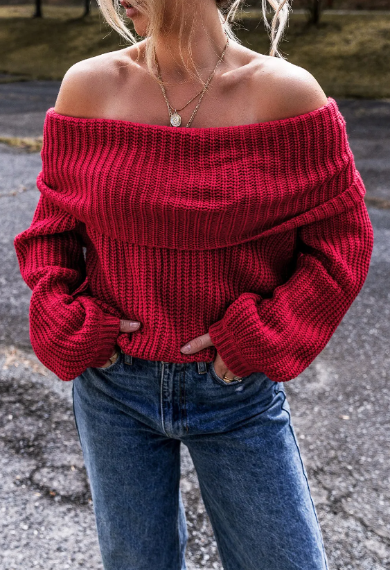 Red Off-the-shoulder Knit Sweater