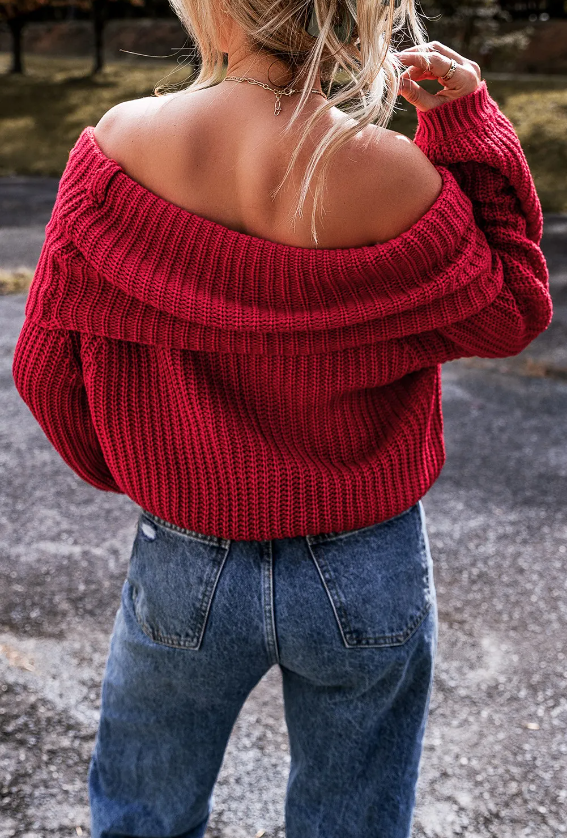 Red Off-the-shoulder Knit Sweater