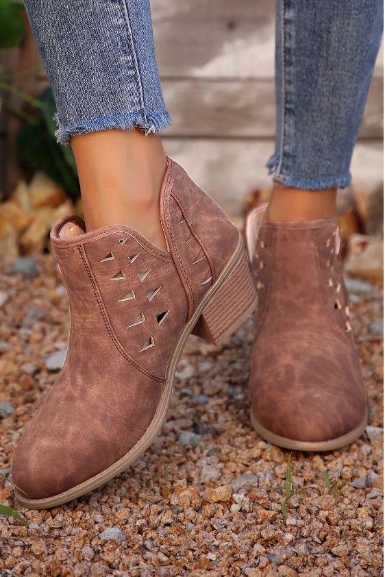 Sandalwood Cut Out Suede Pointed Toe Heeled Ankle Boots