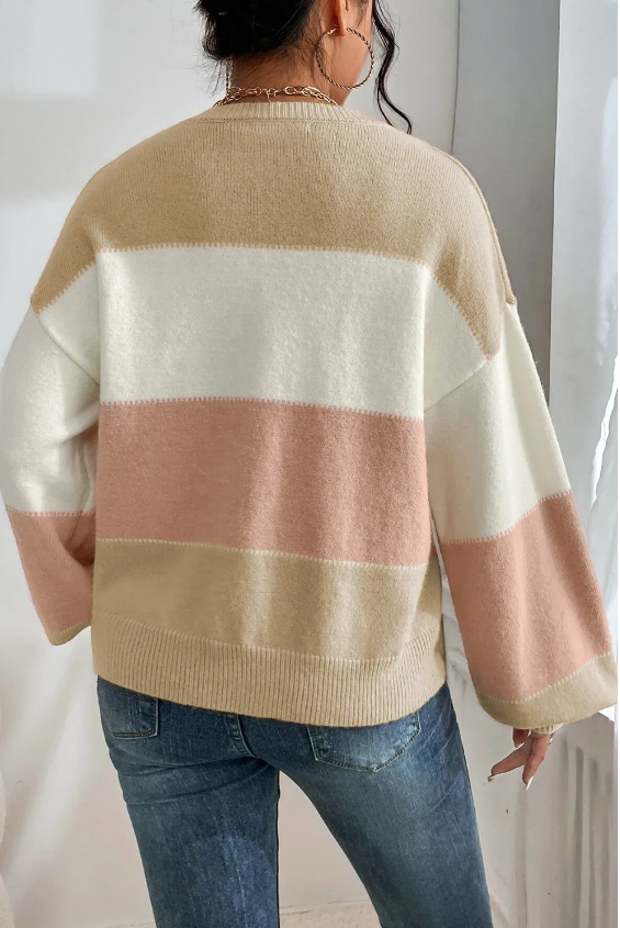 Dusty Pink Color Block Lantern Sleeve Drop Shoulder Sweater