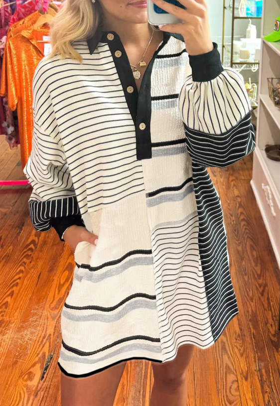 Black Stripe Colorblock Knit Henley Collar Shift Long Sleeve Mini Dress