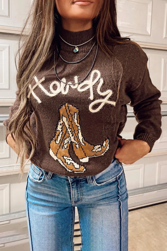 Western Howdy Boot Graphic High Neck Sweater