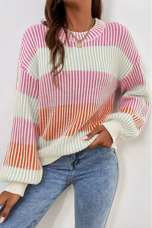 Colorblock Textured Knit Bubble Sleeve Sweater