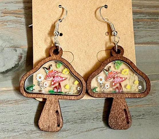 Wooden Mushroom Earrings