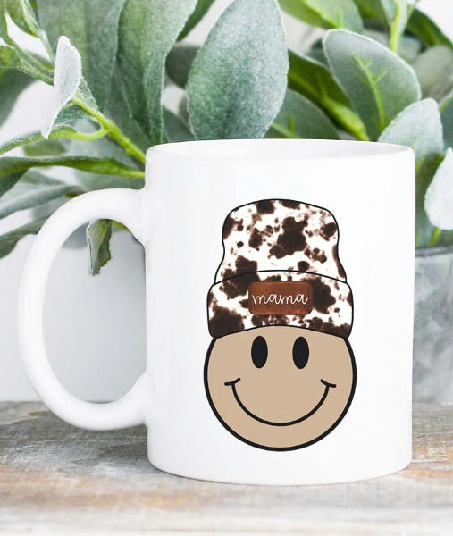 Cowhide Beanie Mama Happy Face White Mug
