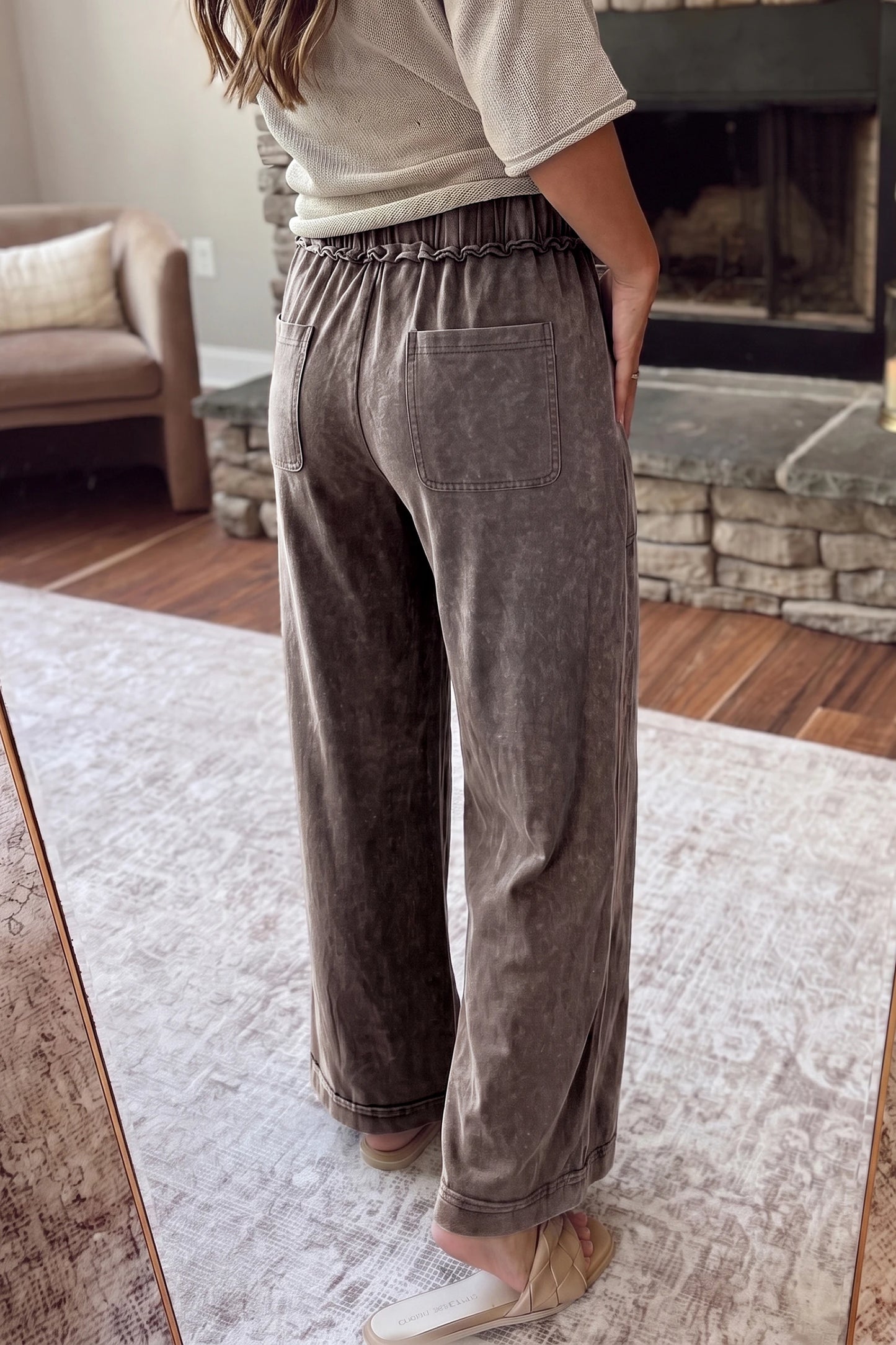 Coffee Mineral Wash Flare Leg Drawstring Pants