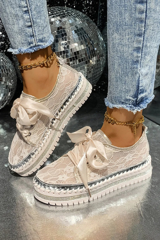 Ribbon Tie Stitch Detail Lace Flat Shoes