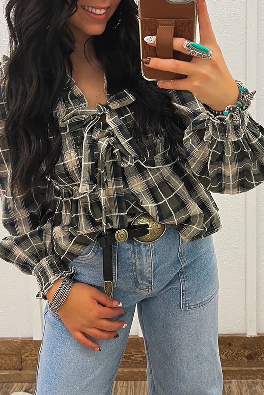 Plaid Print Ruffle Trim Front Tie Blouse