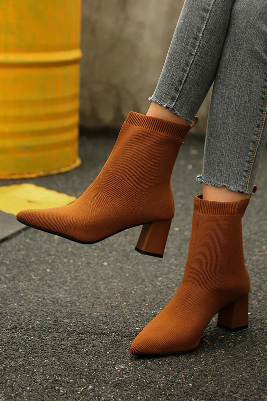 Ribbed Knit Contrast Cuffed Chunky Heel Boots