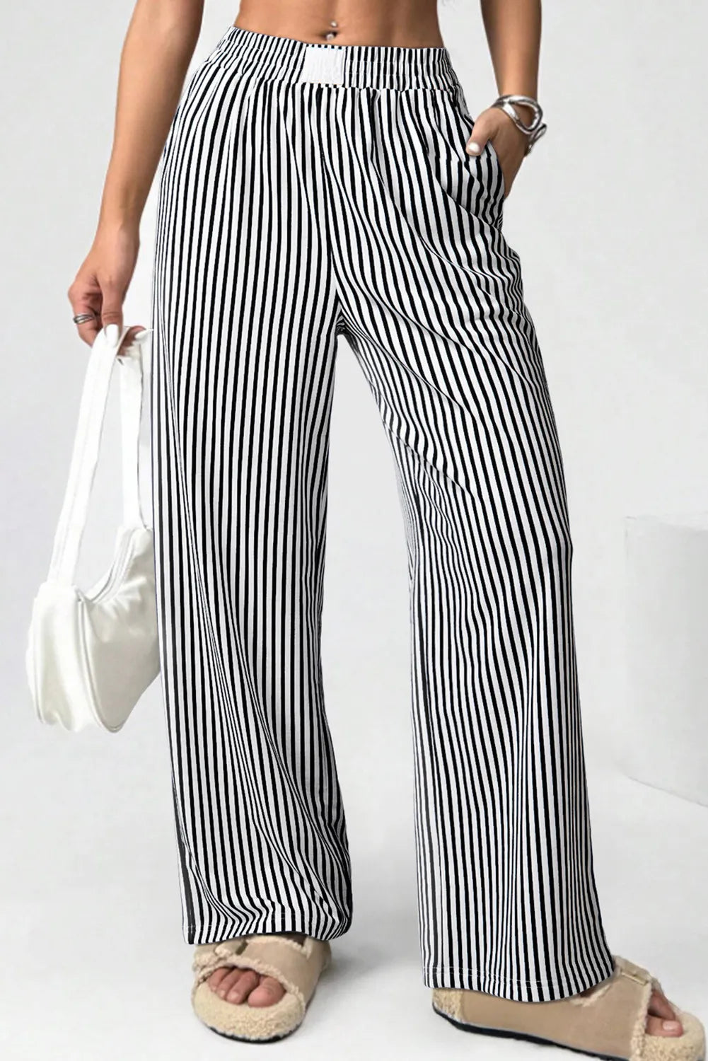 Black Stripe Elastic High Waist Pocketed Loose Pants
