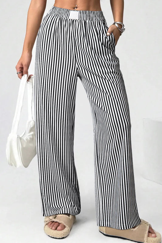 Black Stripe Elastic High Waist Pocketed Loose Pants