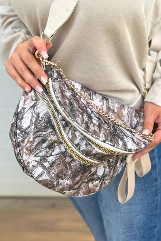 Grey Camouflage Print Gold Chain Strap Double Zipper Crossbody Bag