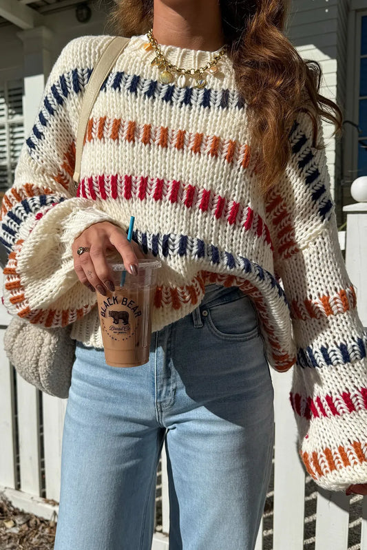 Stripe Playful Knit Drop Shoulder Puff Sleeve Sweater