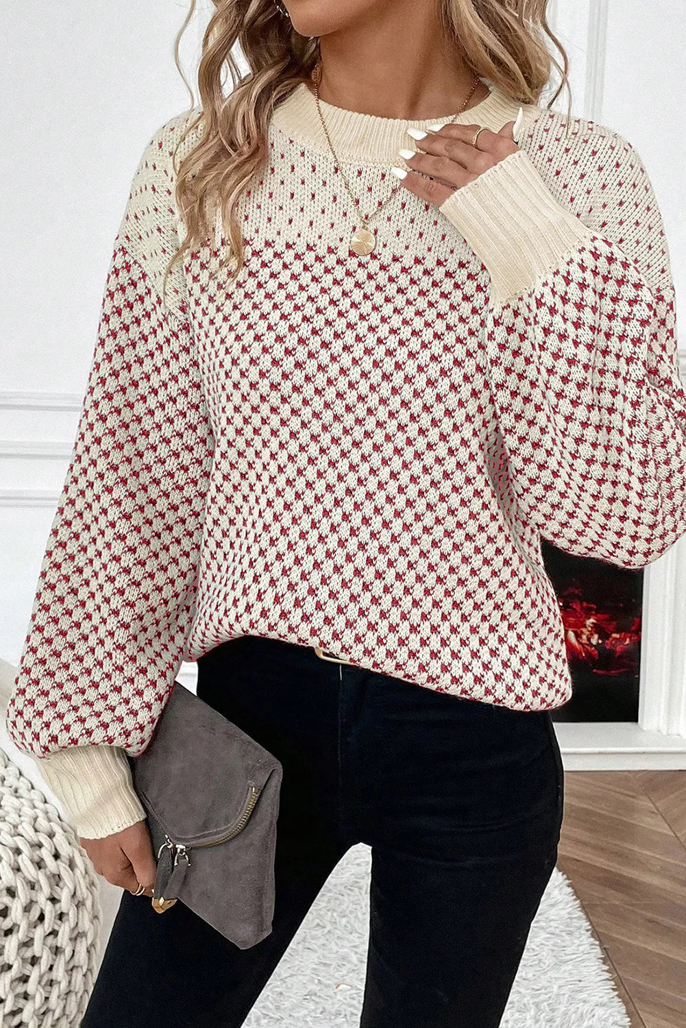 Color Pattern Lantern Sleeve Sweater