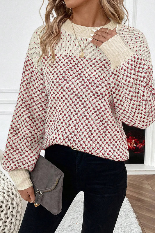 Color Pattern Lantern Sleeve Sweater