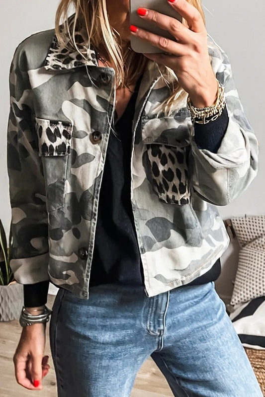 Camo Leopard Patchwork Double Flap Pocket Collared Jacket