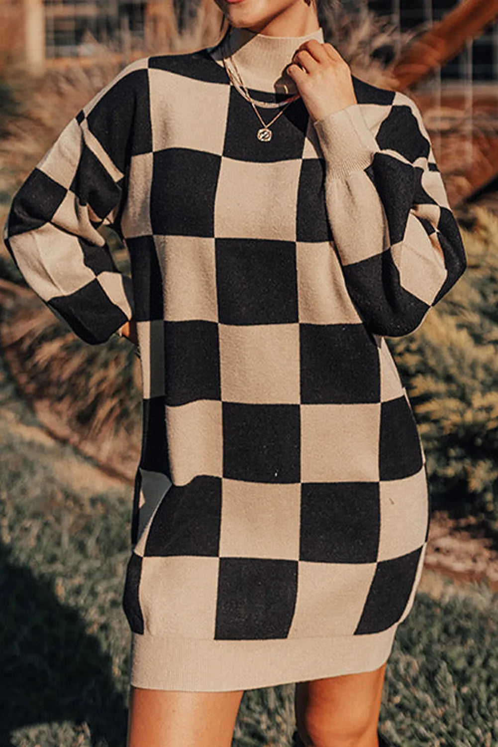 Checkered Pattern Knit Drop Shoulder High Neck Sweater Dress