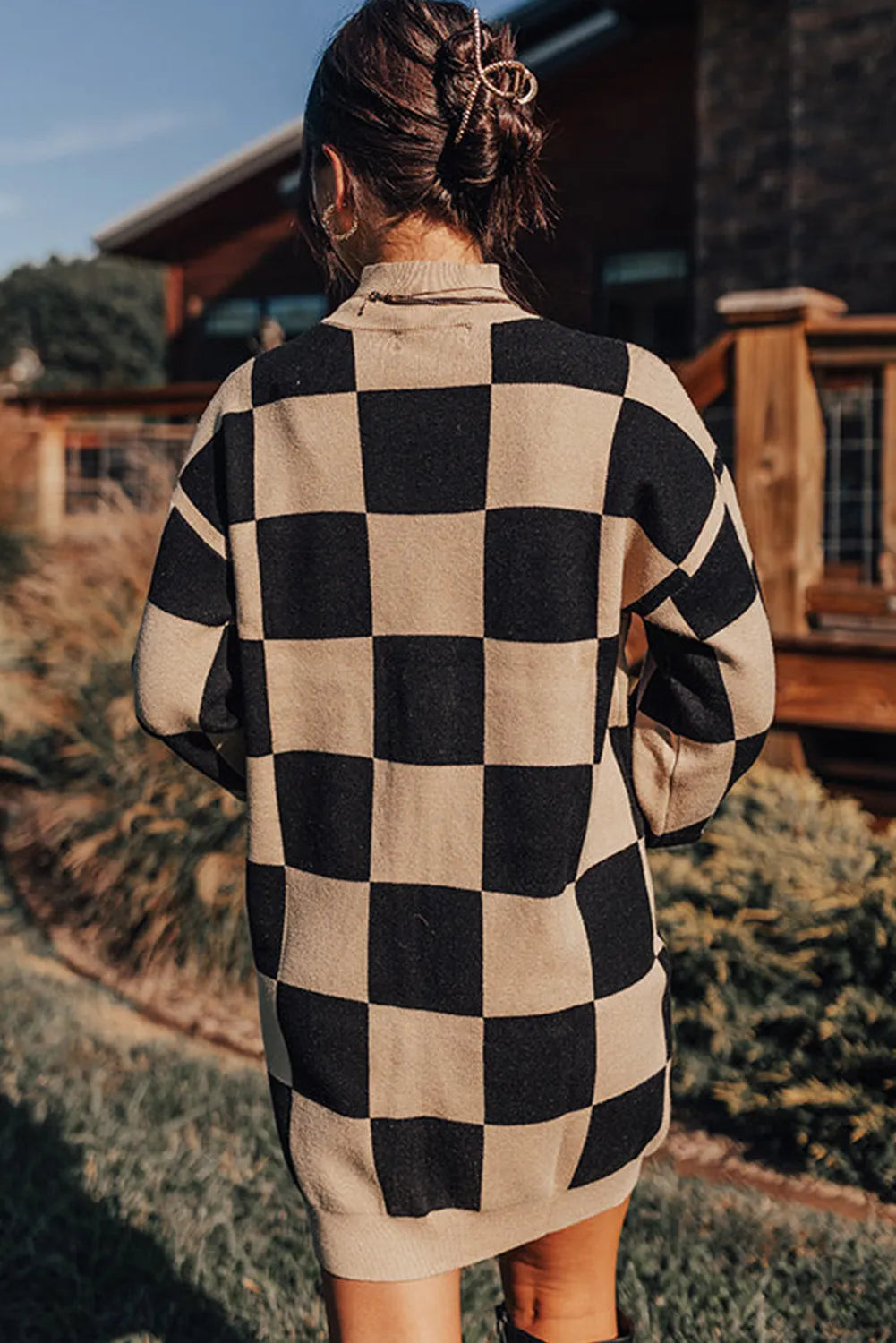 Checkered Pattern Knit Drop Shoulder High Neck Sweater Dress