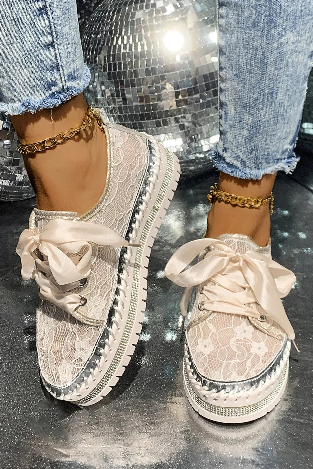 Ribbon Tie Stitch Detail Lace Flat Shoes