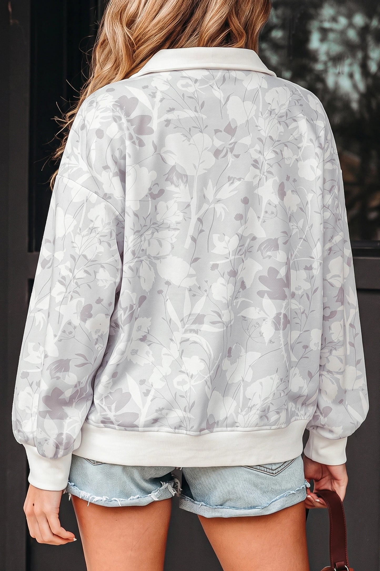 Gray Floral Print Quarter Zip Sweatshirt
