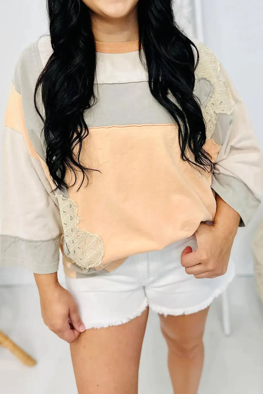 Orange Raw Seam Color Block Lace Flower Patched Plus Size Top