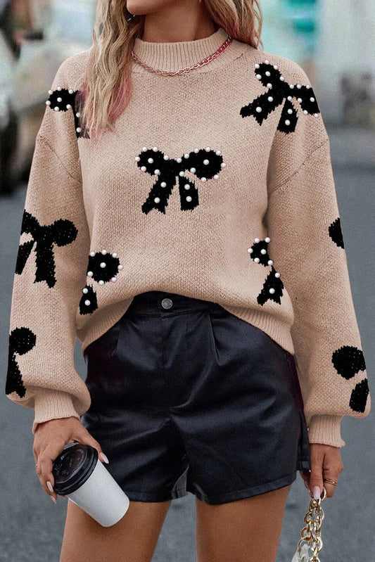 Smoke Gray Pearl Embellished Bow Pattern Loose Sweater