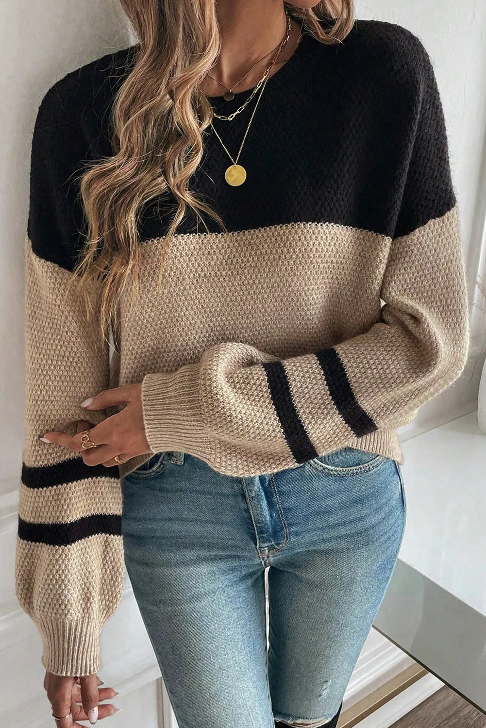 Color Block Knit Striped Sleeve Detail Casual Sweater