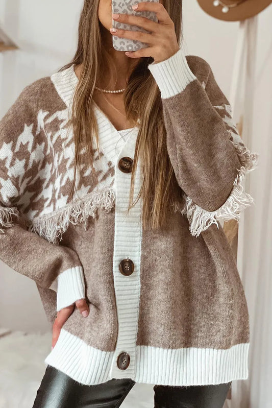 Houndstooth Color Block V Neck Raw Edge Button Front Cardigan