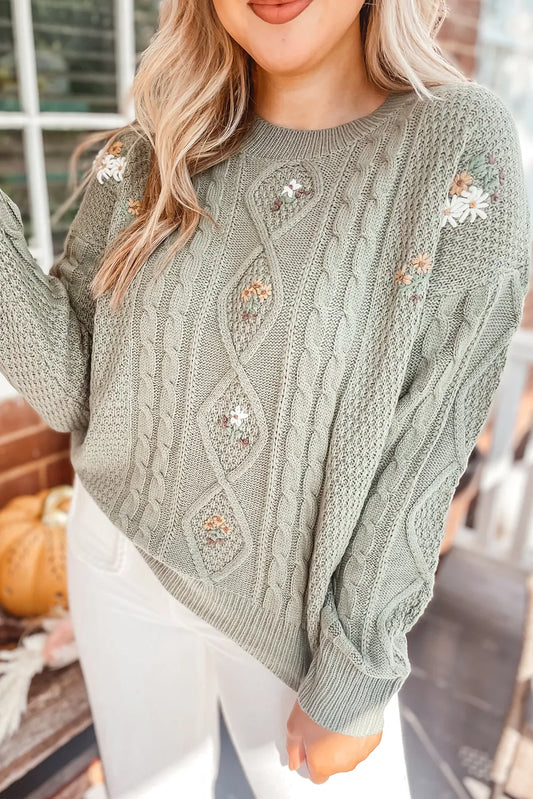 Green Flower Detail Cable Knit Drop Shoulder Sweater