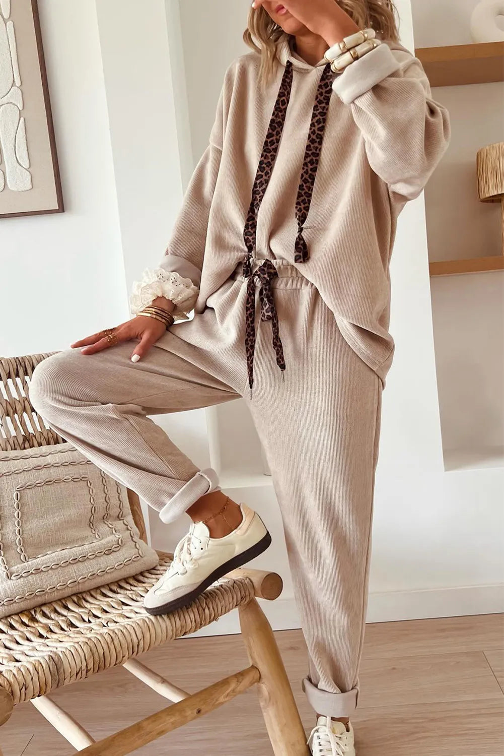 Lace Drawstring Pullover Hoodie and High Waist Pants Corduroy Suit