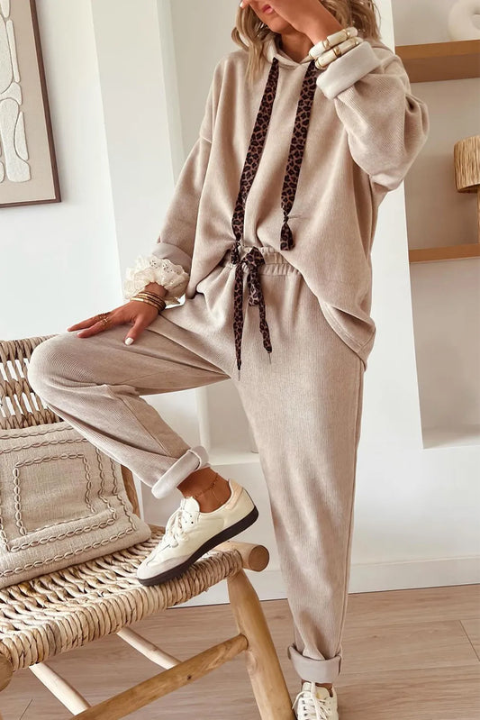 Lace Drawstring Pullover Hoodie and High Waist Pants Corduroy Suit