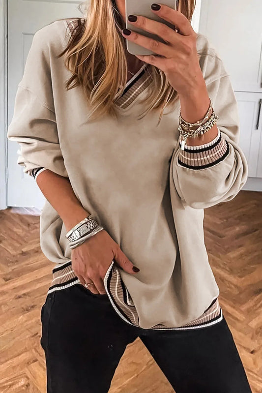 Varsity Contrast Trim V Neck Sweatshirt