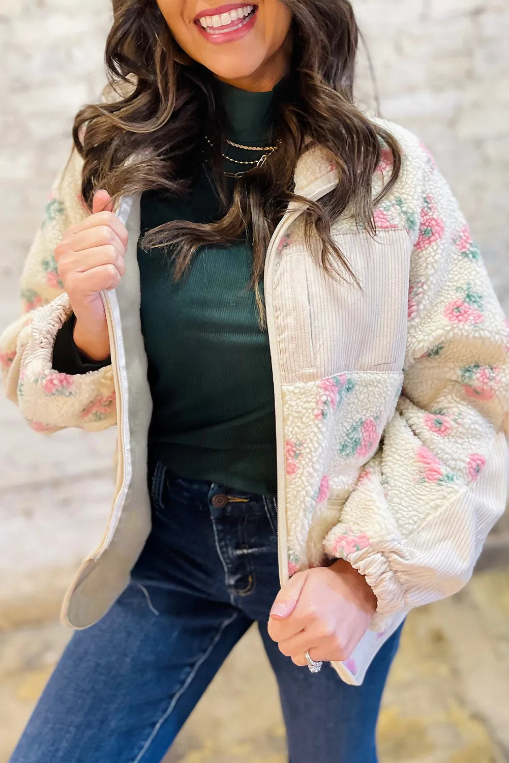 Floral Plush Patchwork Zip Up Jacket