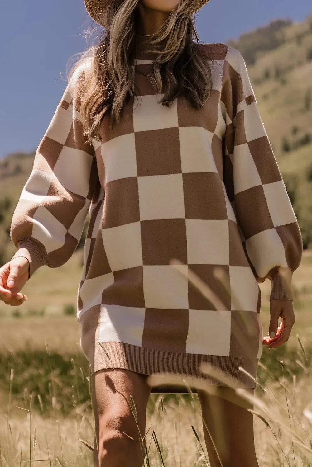 Checkered Pattern Knit Drop Shoulder High Neck Sweater Dress
