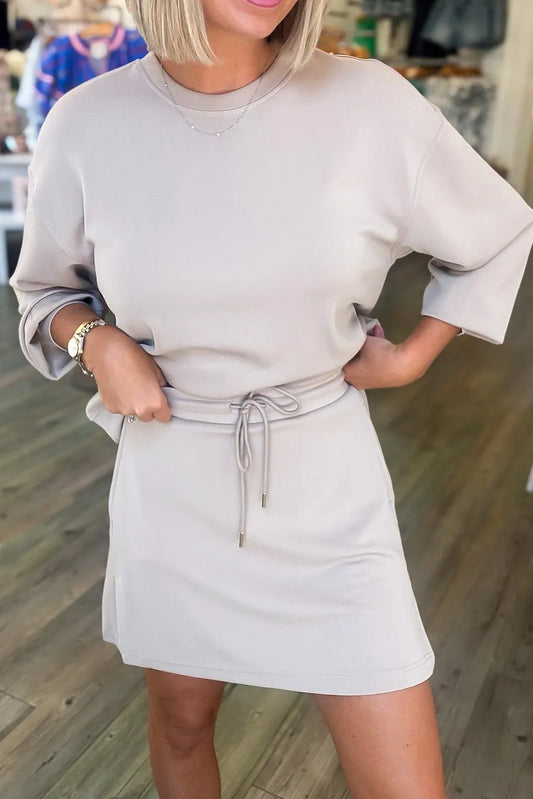 Solid Color Drop Shoulder Pullover Drawstring Mini Skirt 2pcs Outfit