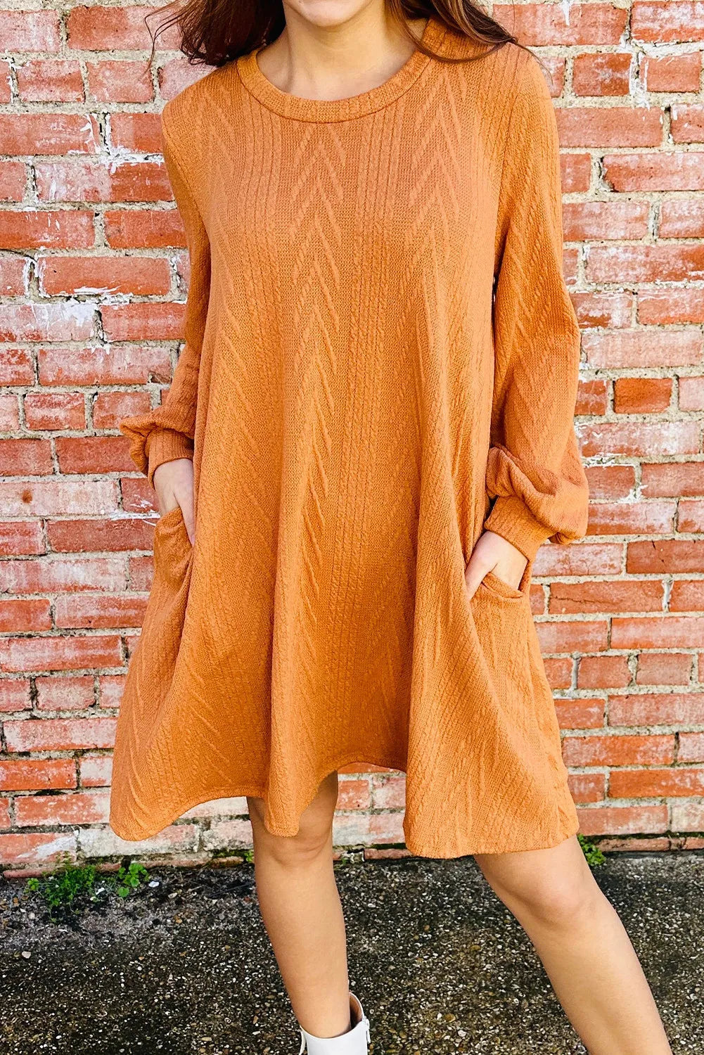 Orange Chic Textured Round Neck Long Sleeve Mini Dress