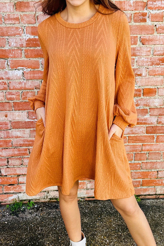 Orange Chic Textured Round Neck Long Sleeve Mini Dress