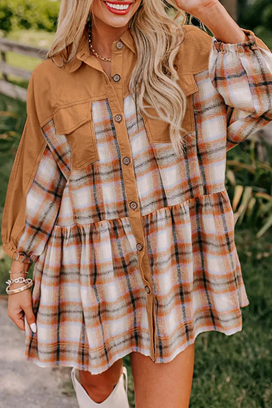 Plaid Color Block Patchwork Ruffle Hem Tunic Shirt Dress